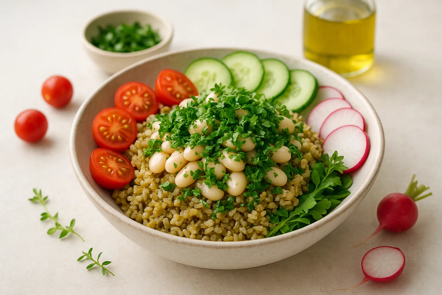 Kasza freekeh z białymi fasolami i natką pietruszki