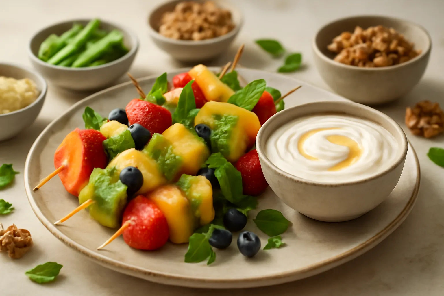Fruit skewers with yogurt dip