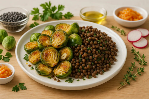 Garlic Roasted Brussels Sprouts with Lentils