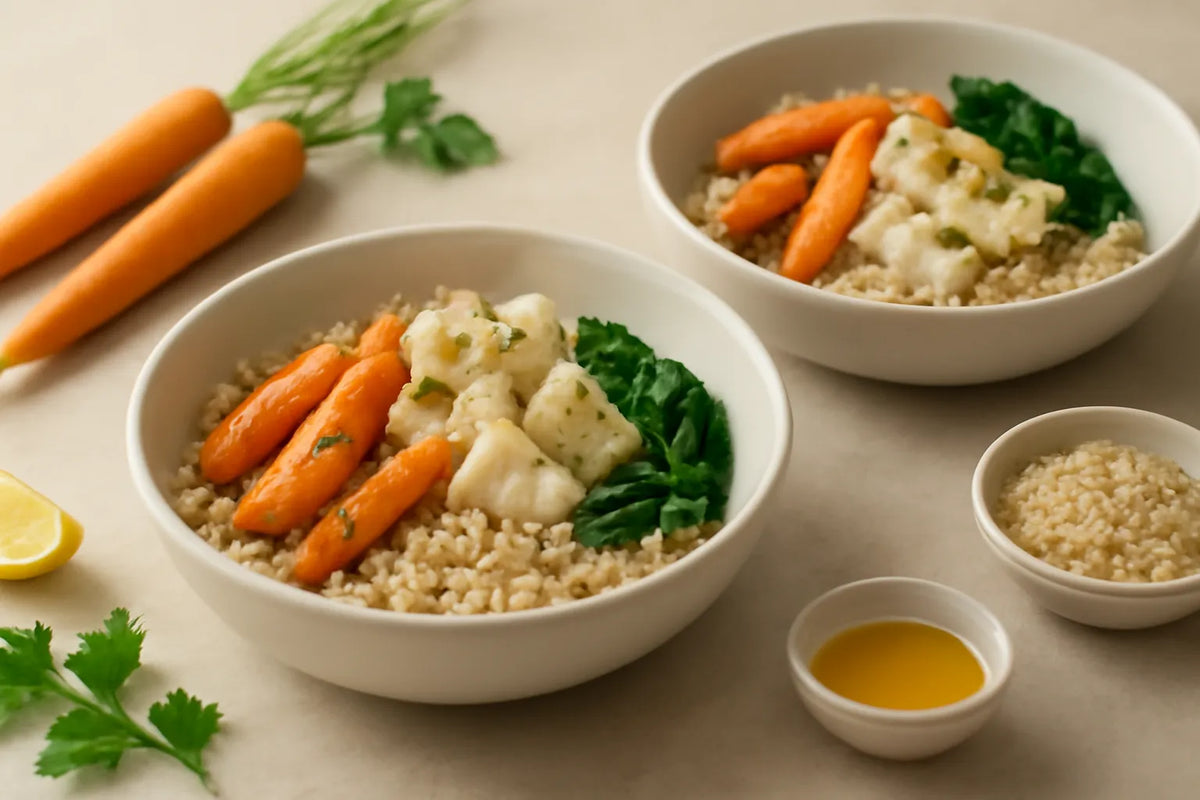 Bowl per cena con merluzzo e carote, delicato per la digestione