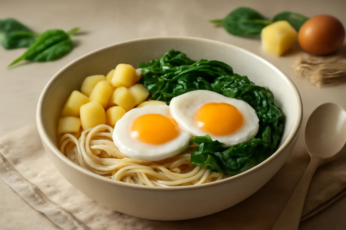 Gentle Digestion Spinach Egg Potato Noodle Bowl