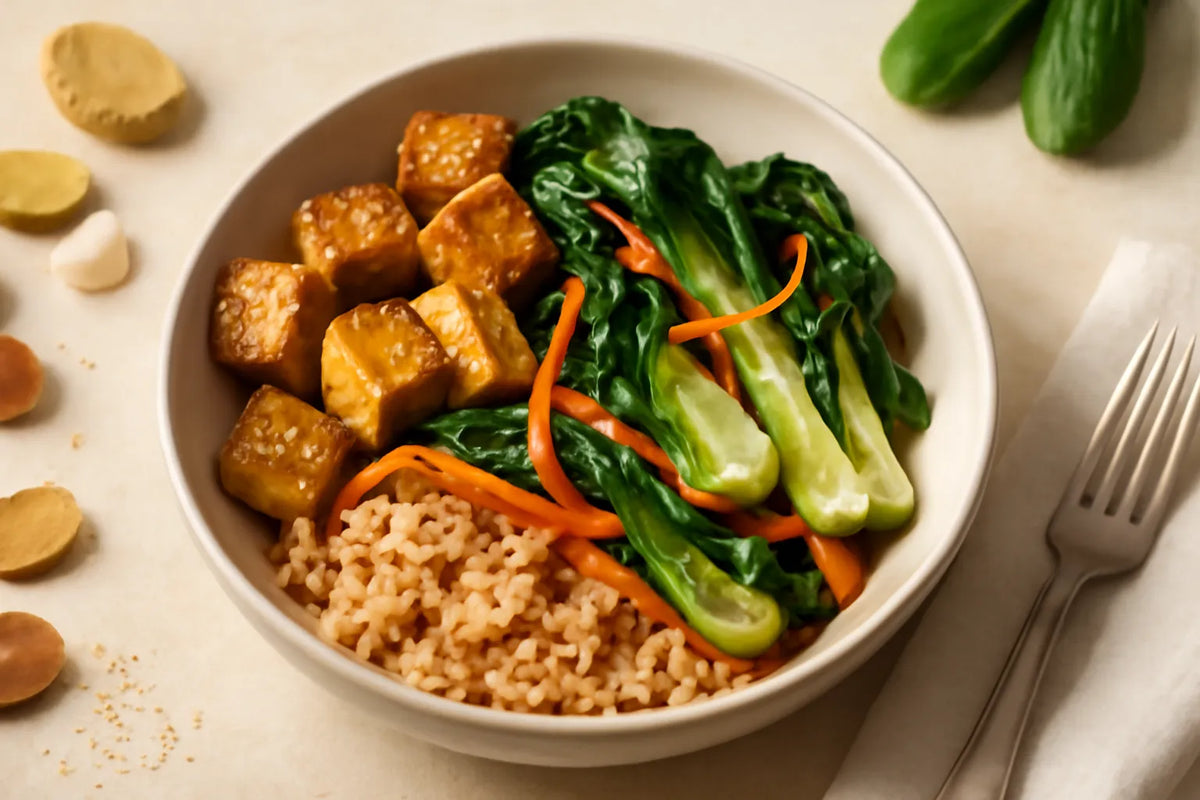 Assiette déjeuner légère de tofu et de bok choy, facile à digérer