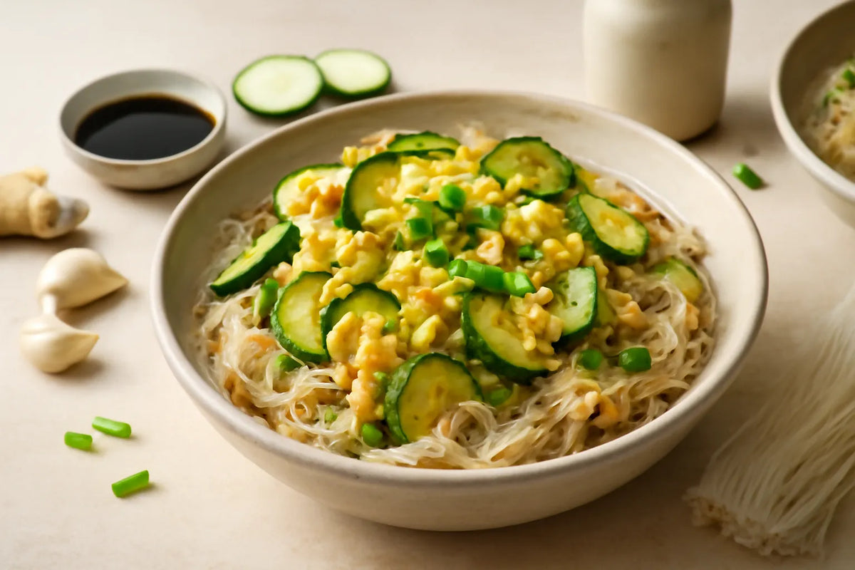 Gentle Digestion Zucchini Egg Rice Noodle Bowl