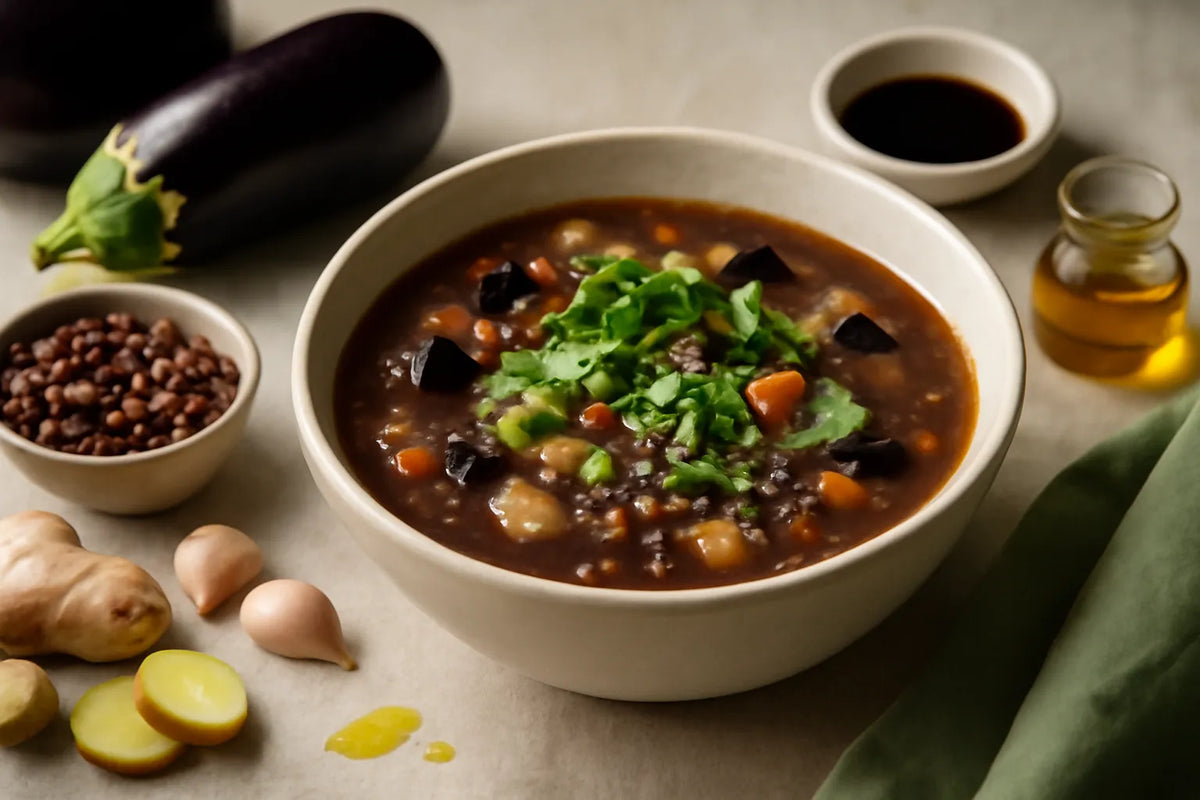 Zuppa di zenzero, fagioli azuki e melanzane