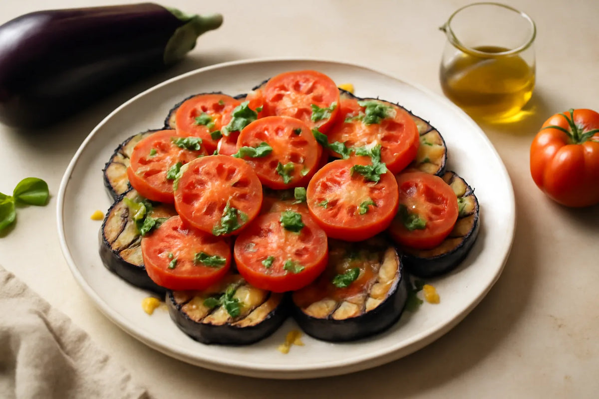 Berenjena a la parrilla con tomate y albahaca