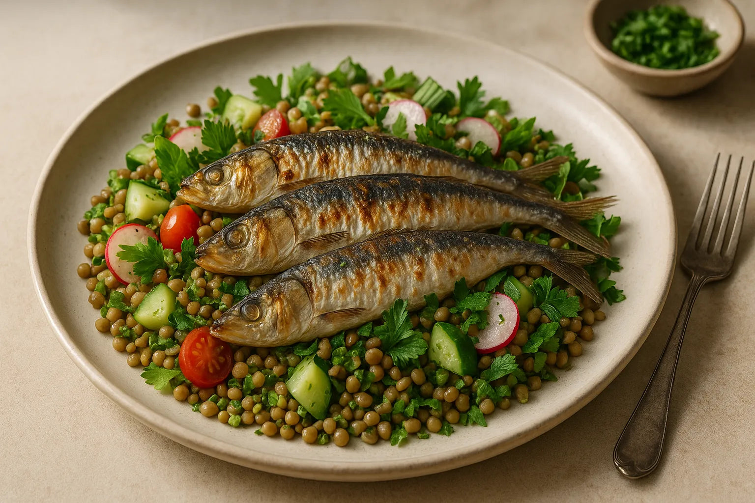 Sardinas a la parrilla con tabulé de lentejas