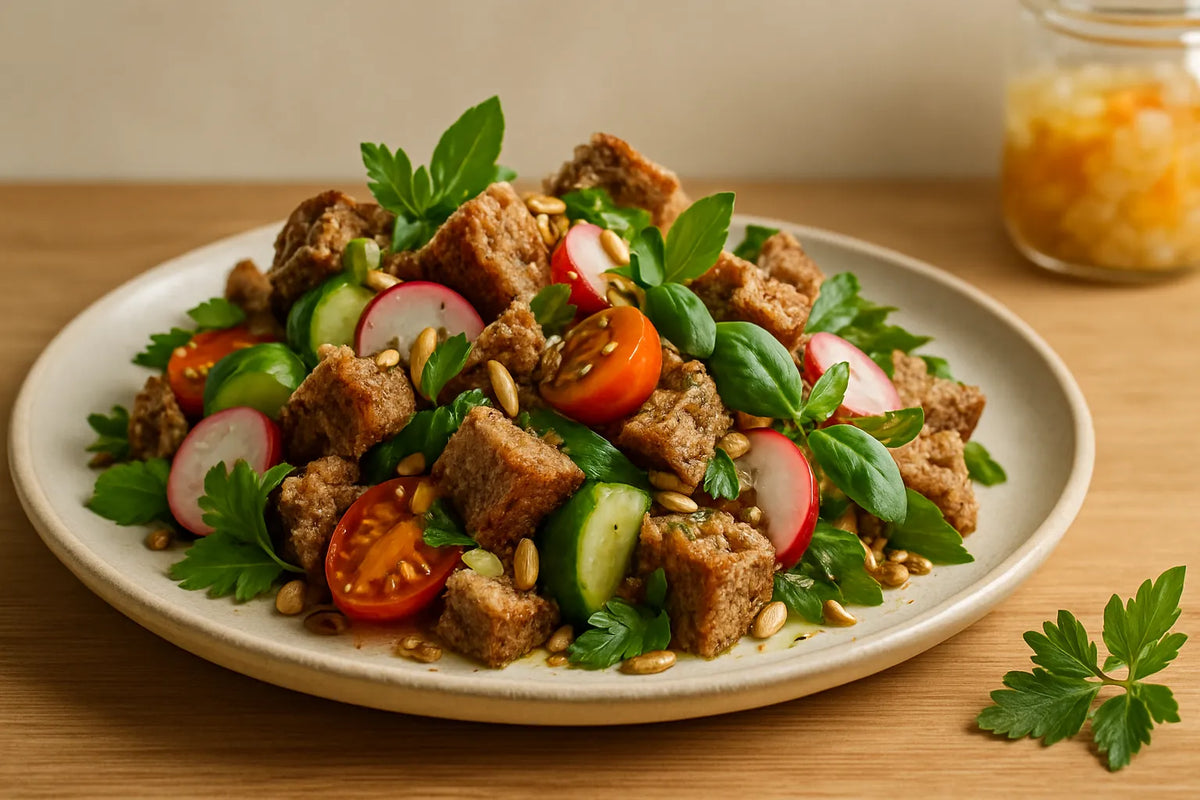 Salade de pain saine au pain complet rassis