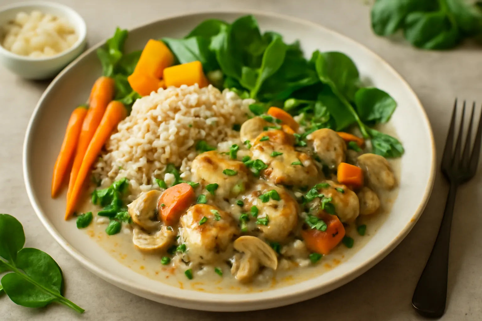 Healthy chicken fricassee with brown rice