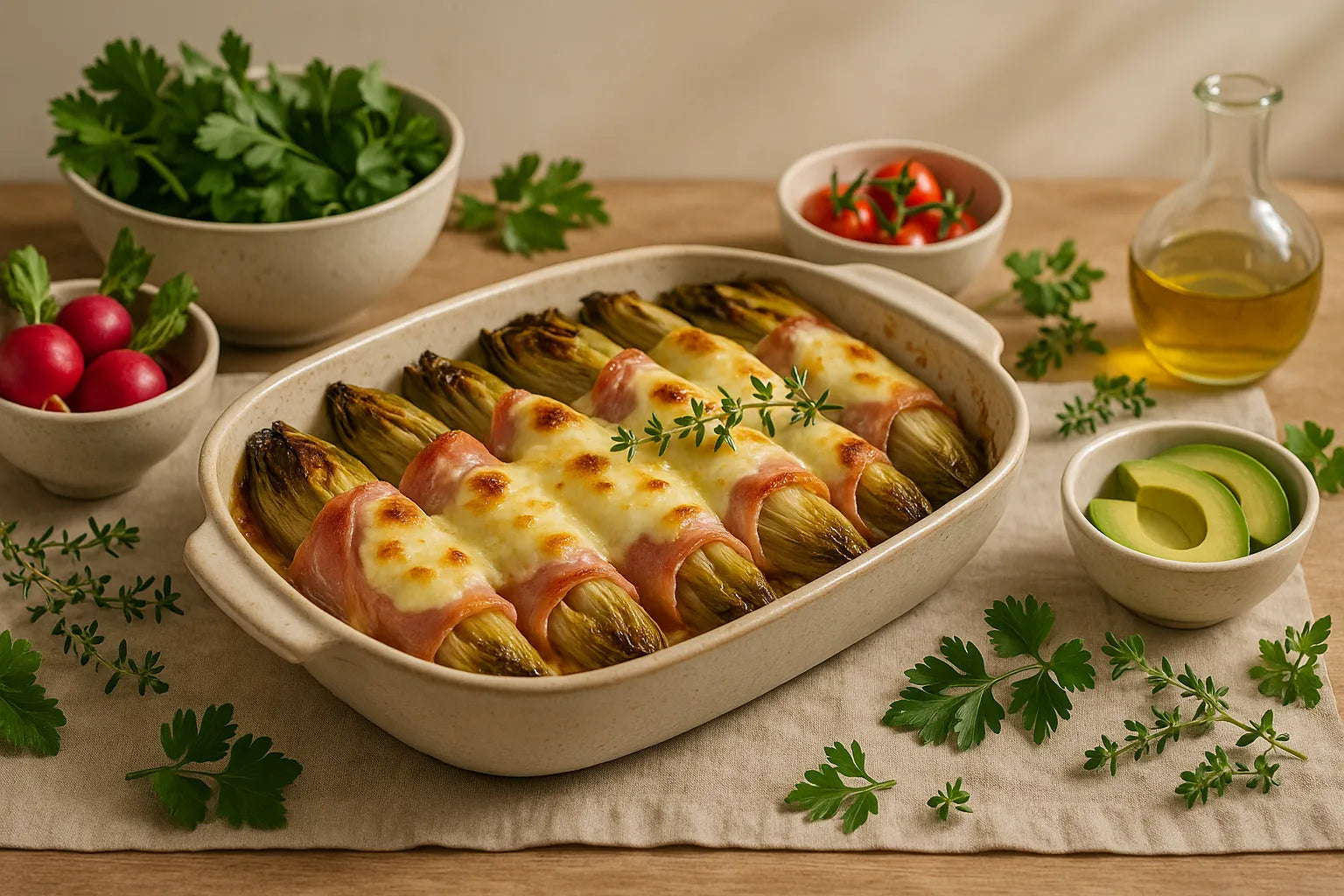 Healthy chicory casserole with ham and light cheese