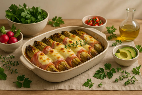 Healthy chicory casserole with ham and light cheese