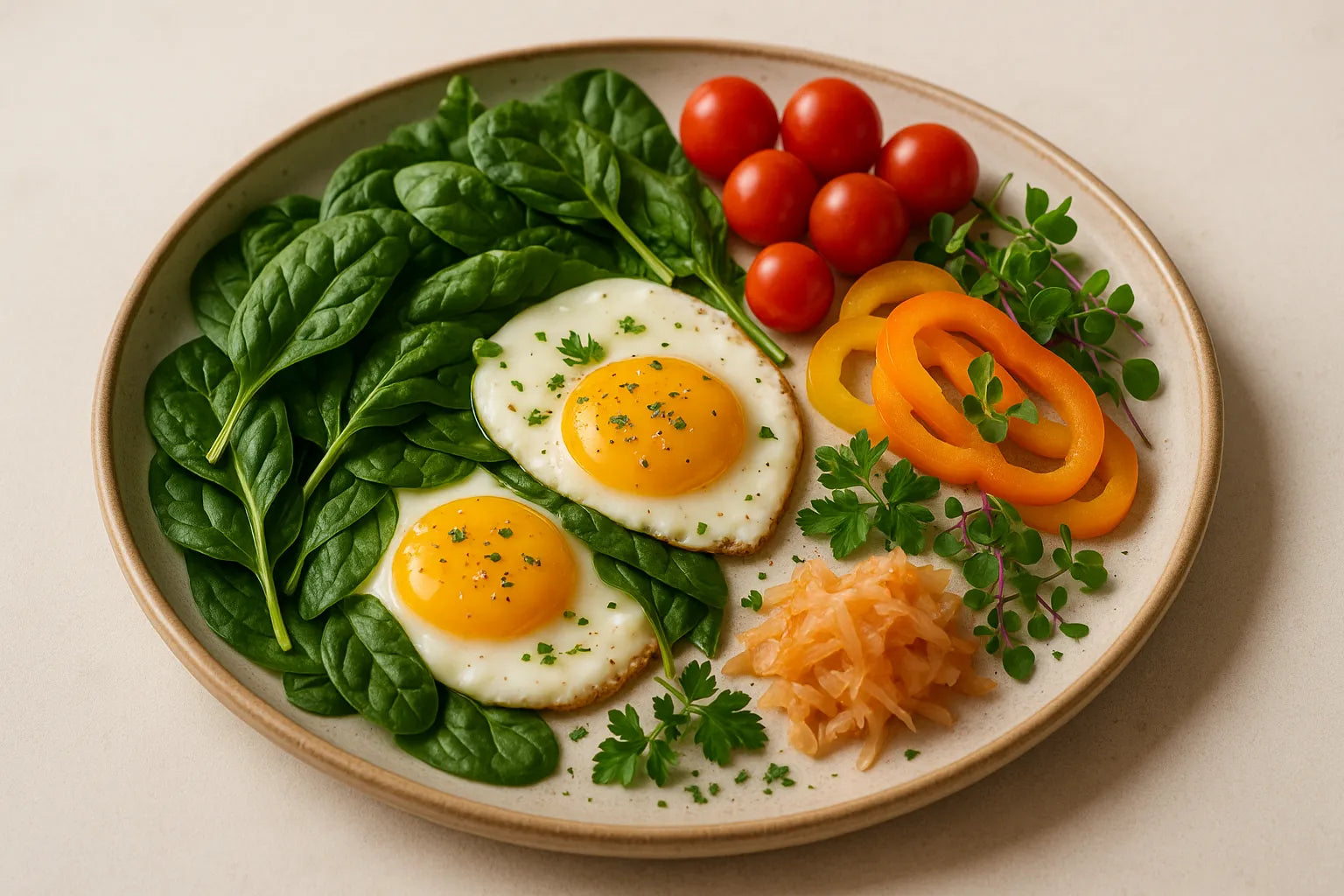 Healthy fried eggs with spinach