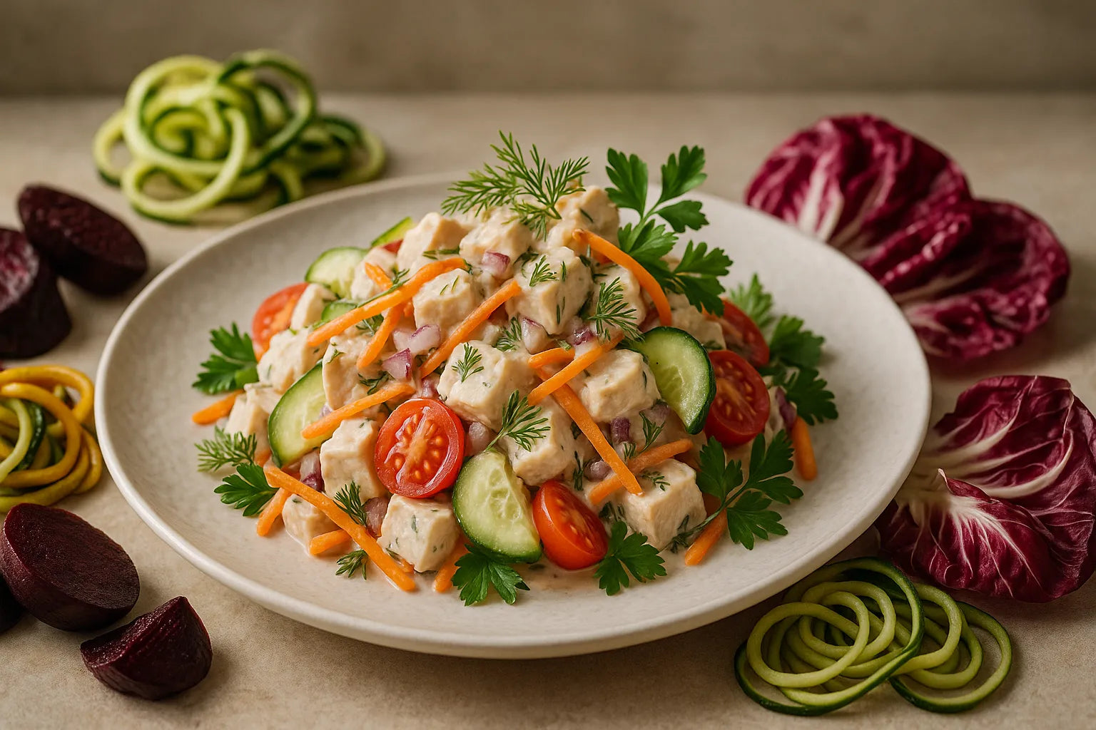 Healthy Russian-style salad with chicken