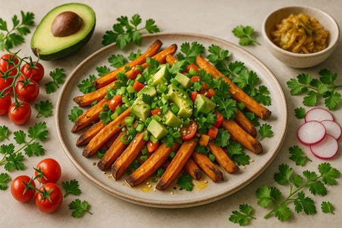 Healthy vegetarian loaded fries with sweet potato