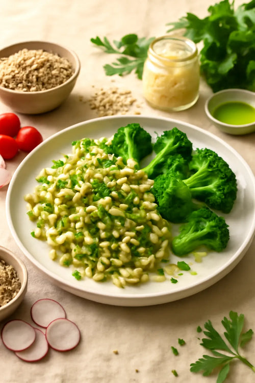 Herb spaetzle with steamed broccoli