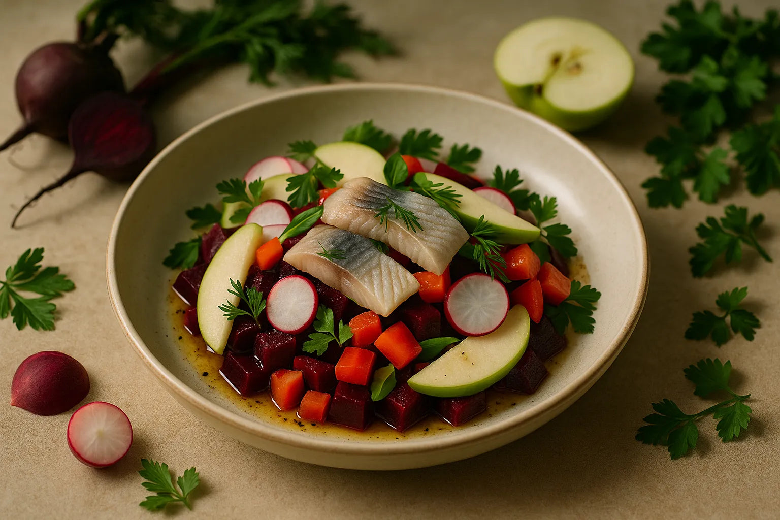 Herring salad with apple and beetroot