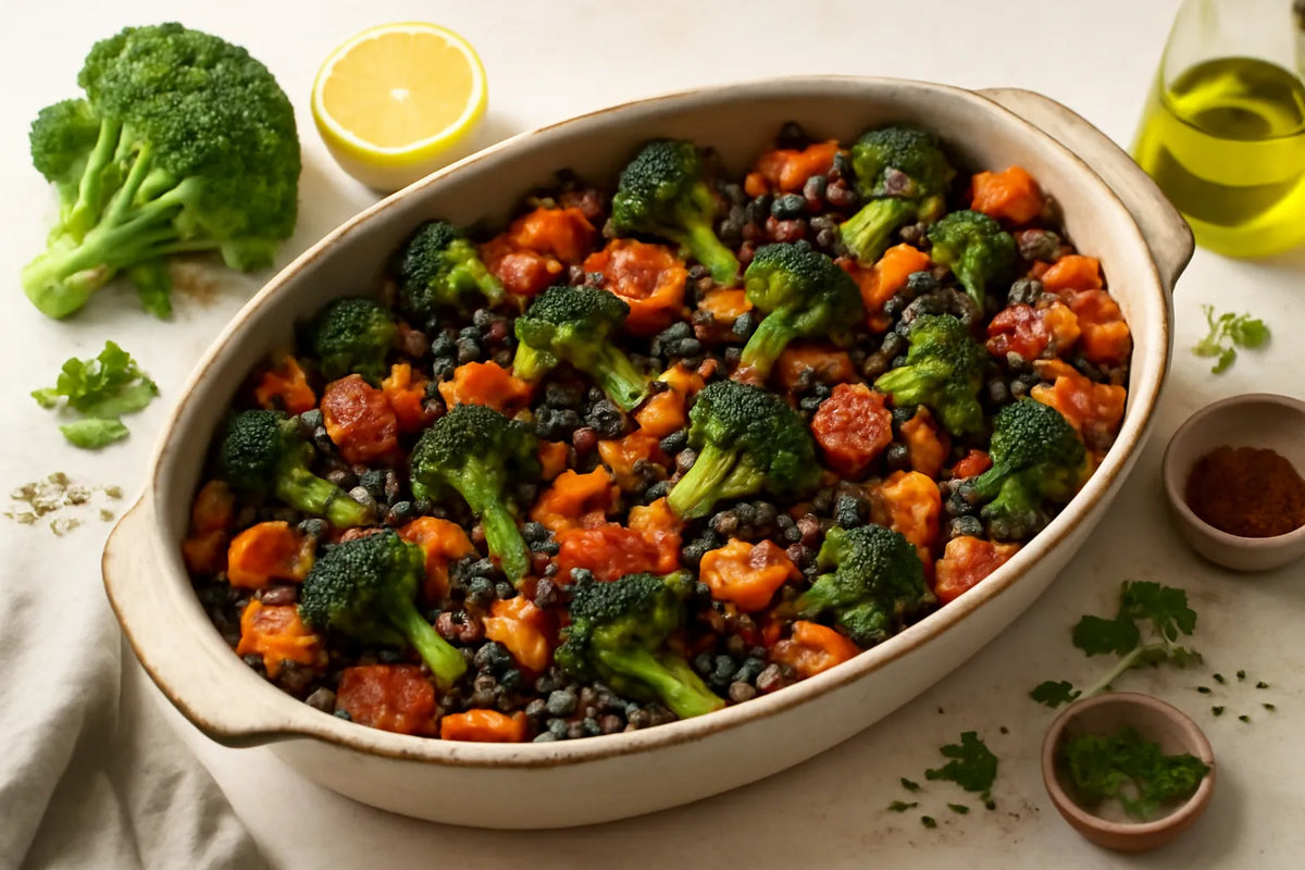 Teglia al forno di broccoli e fagioli neri ricca di fibre