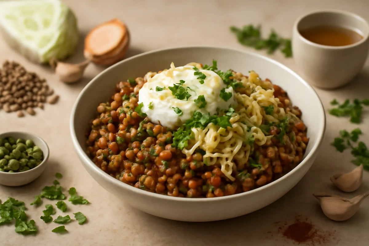 Bowl per colazione ad alto contenuto di fibre con cavolo e lenticchie