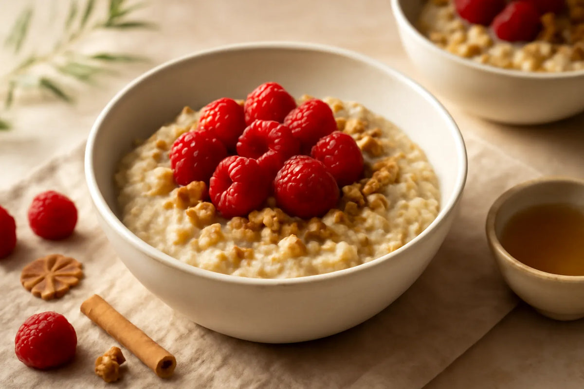 Bowl per la colazione con grano saraceno e lamponi ricca di fibre