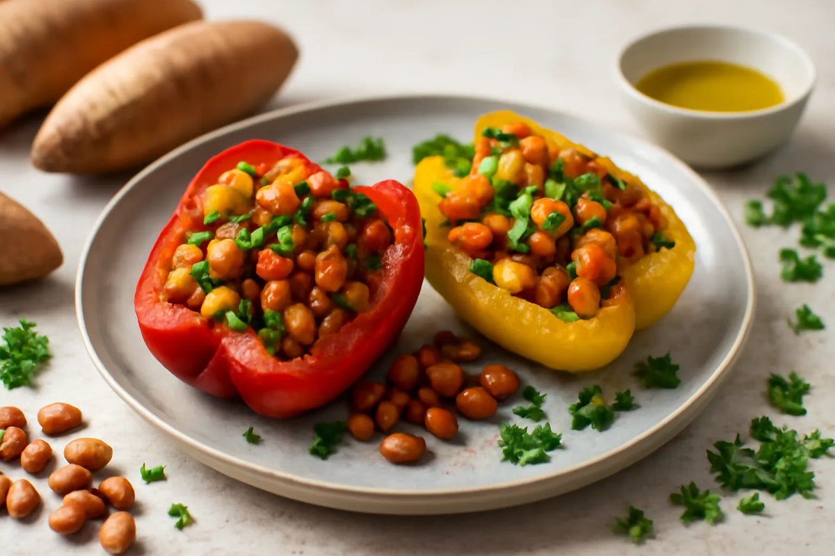 Pimiento relleno de batata y frijoles pintos con alto contenido de fibra