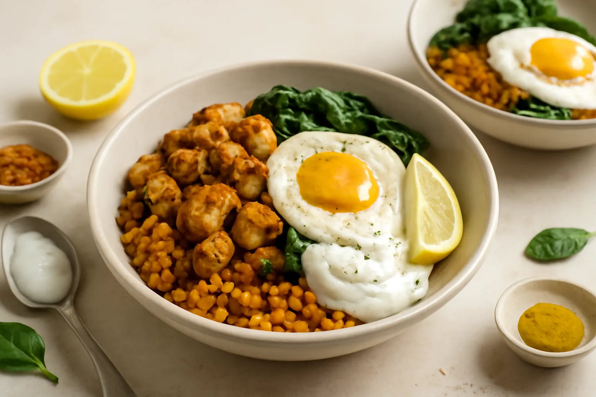 Bowl per la colazione con pollo e lenticchie, ricca di proteine e fibre