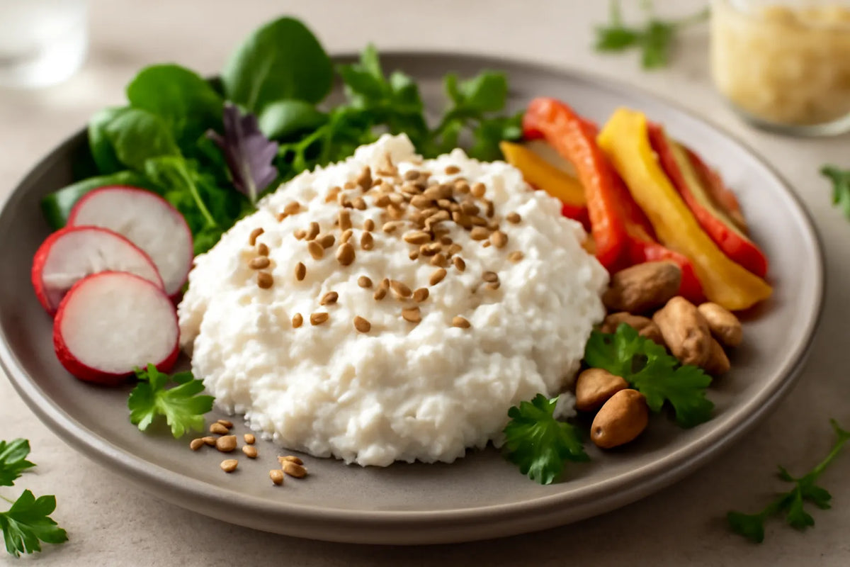 Proteinreiches Frühstück mit Hüttenkäse und Leinsamen