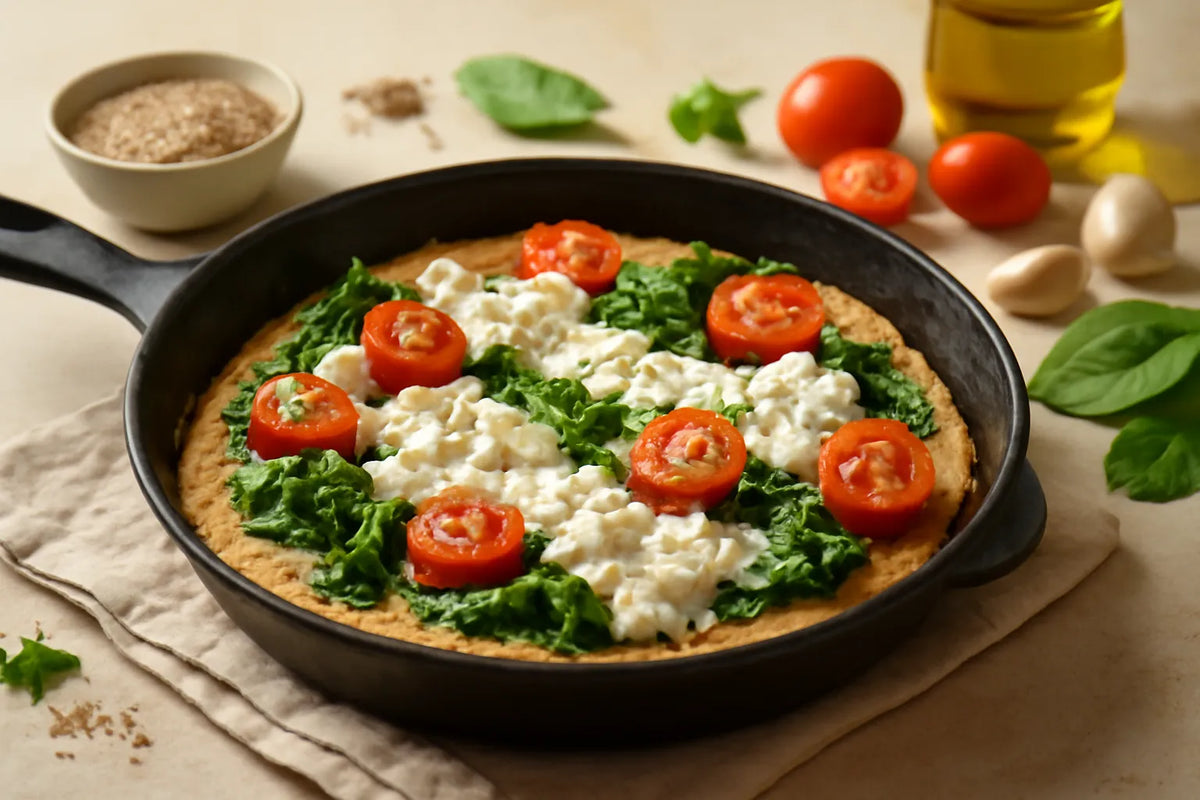 Padellata per cena ad alto contenuto proteico e ricca di fibre con fiocchi di latte e semi di lino