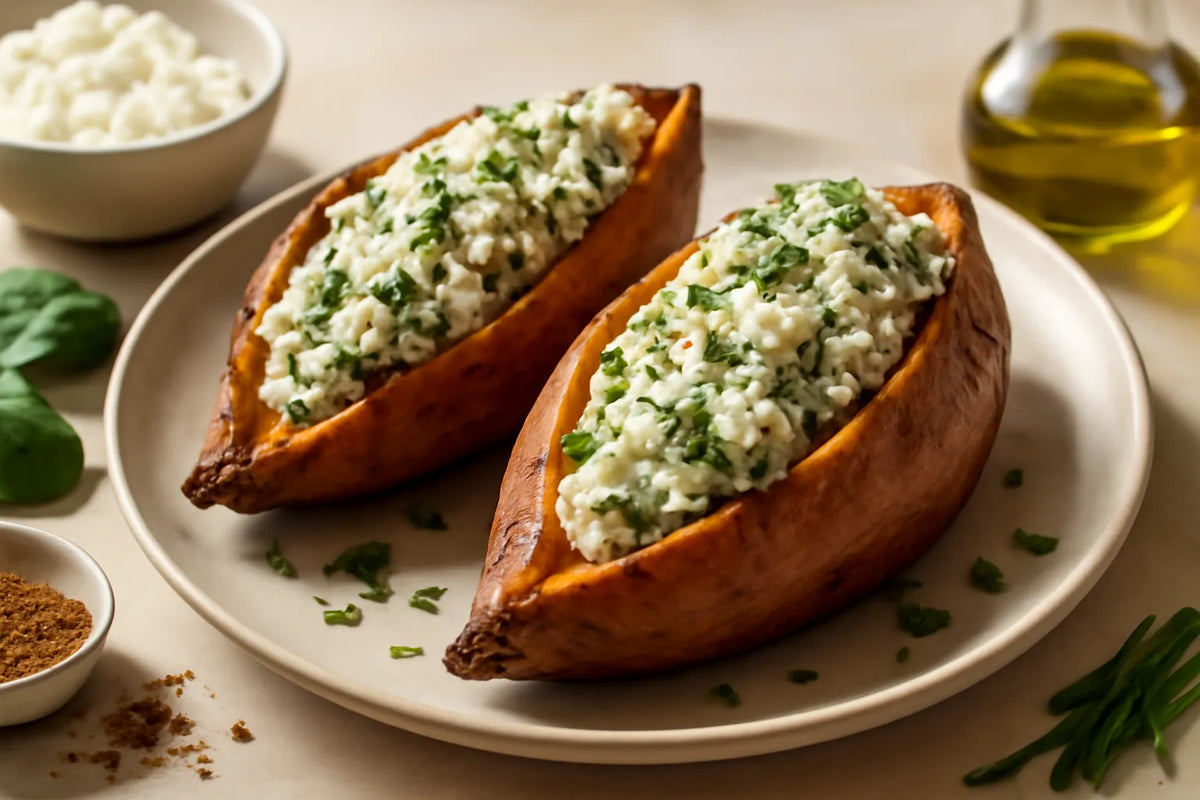 Patate douce farcie au cottage cheese, riche en protéines et en fibres, avec du lin