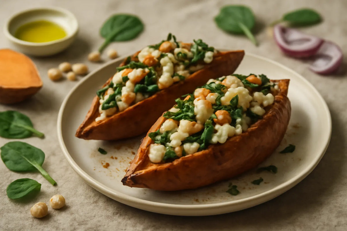 Patate douce farcie aux blancs d’œufs et aux haricots, riche en protéines et en fibres