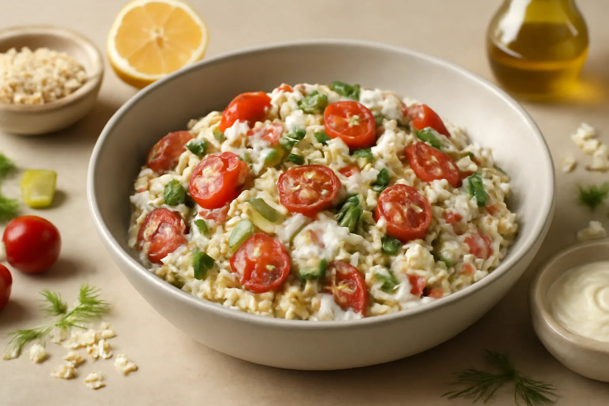 Insalata per pranzo con avena e yogurt greco, ricca di proteine e fibre