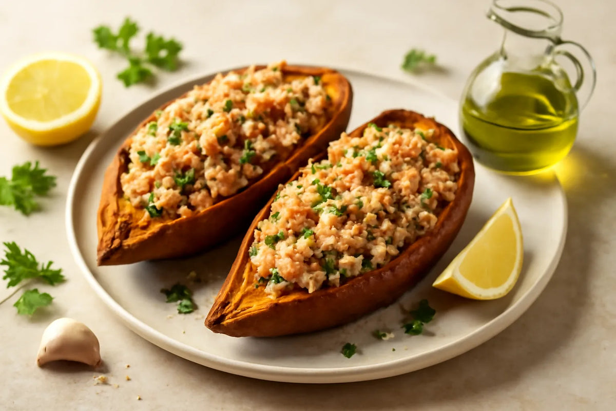 Eiweißreiche, ballaststoffreiche Süßkartoffel gefüllt mit Lachs und Quinoa