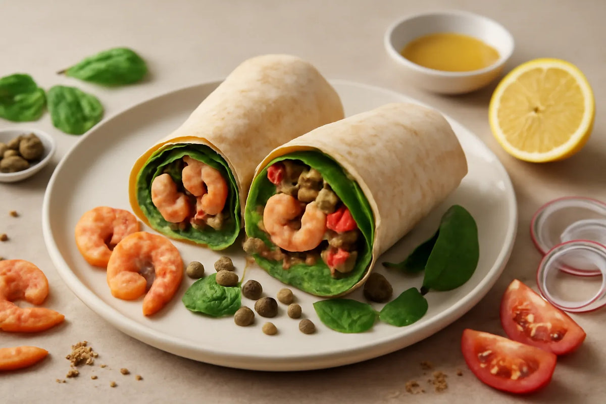 Wrap di gamberi e lenticchie ricco di proteine e fibre
