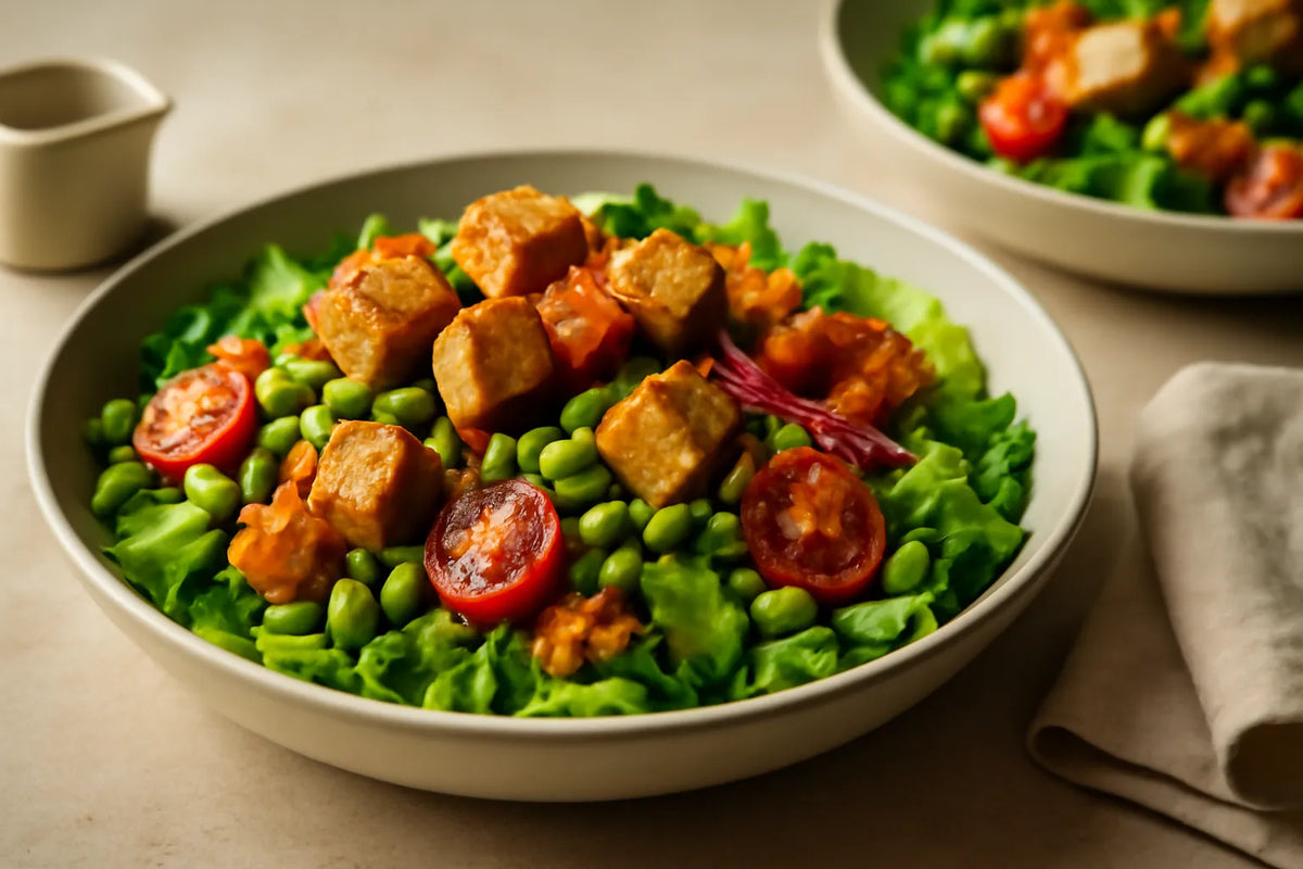 Insalata di tofu ed edamame per pranzo, ricca di proteine e fibre