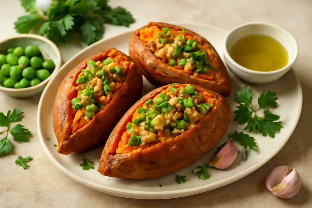Proteinreich und ballaststoffreich: Tofu-Edamame gefüllte Süßkartoffel