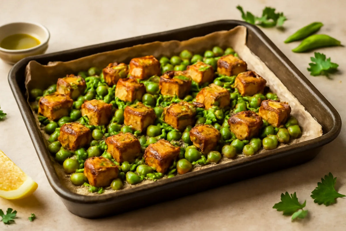 Tofu-Edamame-Blechgericht mit viel Eiweiß und Ballaststoffen