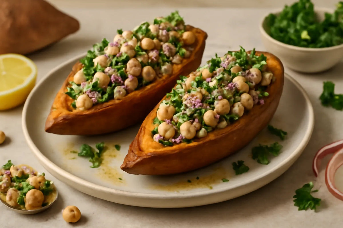 Patata dolce ripiena di tonno e ceci, ricca di proteine e fibre
