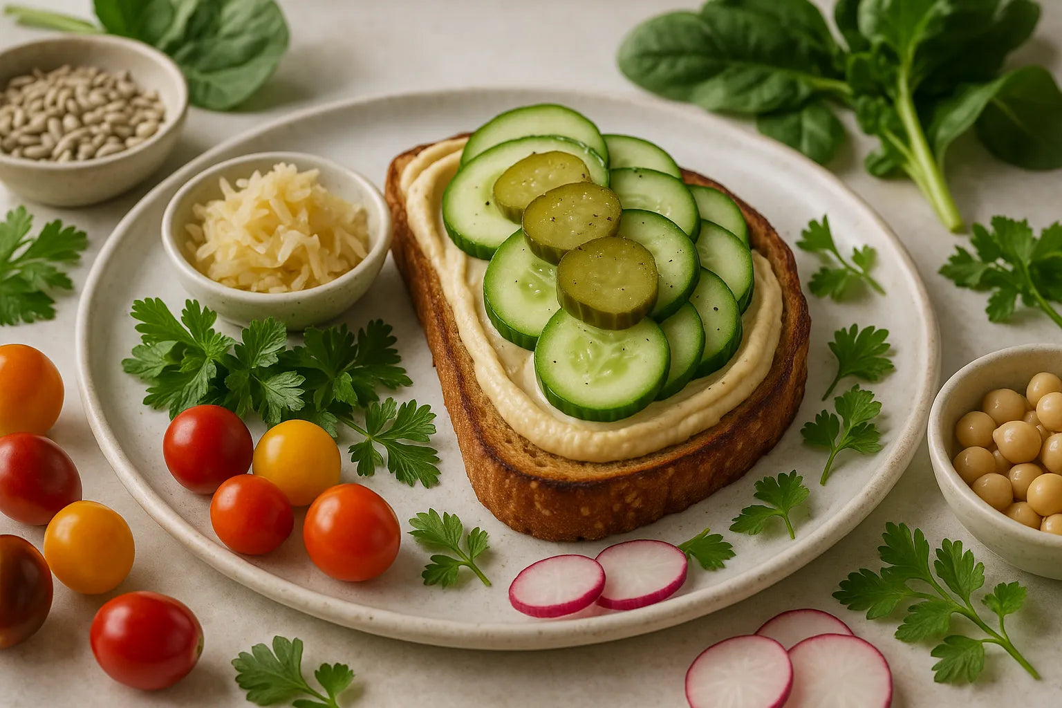 Hummus Pepino Pepinillo Tostada