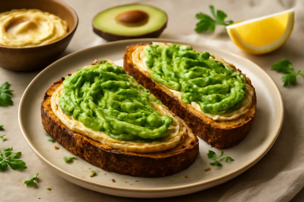 Tartine de pain de seigle au levain, houmous et avocat