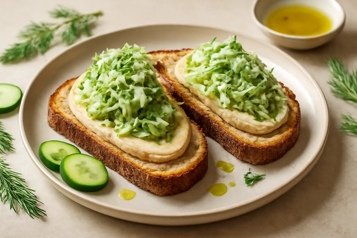 Hummus Sourdough Rye Toast with Cucumber Yogurt Slaw