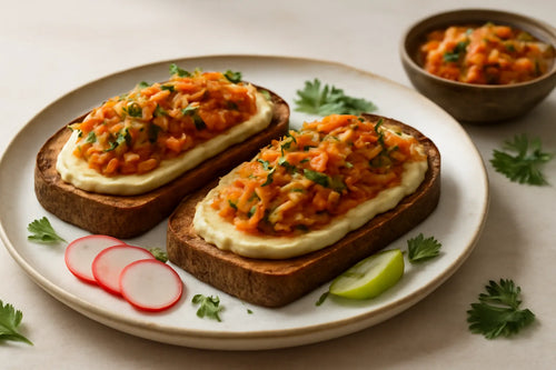 Hummus-Sauerteig-Roggen-Toast mit Kimchi