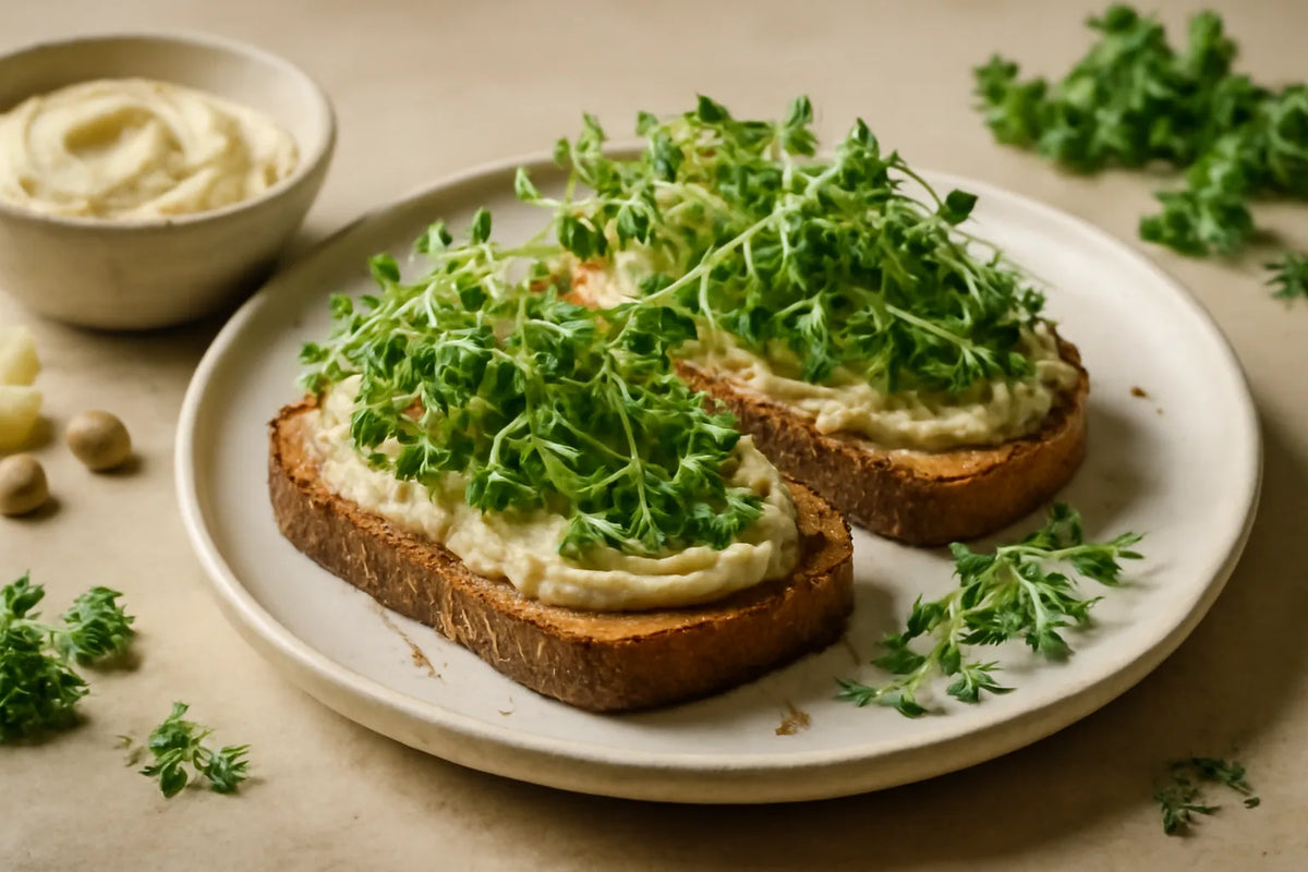 Tostada de centeno de masa madre con hummus y brotes de brócoli