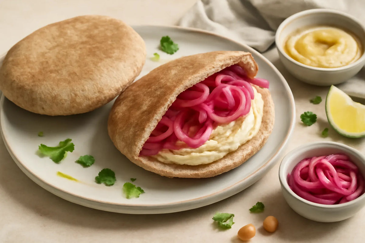 Vollkorn-Pita mit Hummus und eingelegter roter Zwiebel