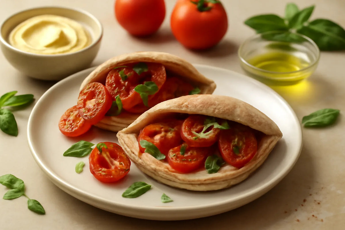 Vollkorn-Pita mit Hummus und gerösteten Tomaten