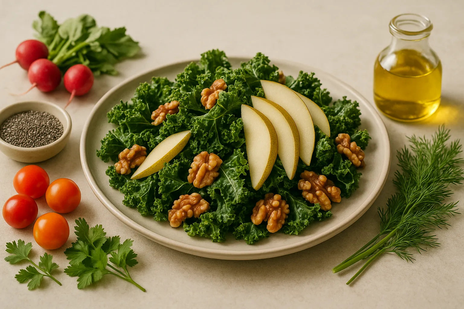 Kale salad with pear and walnuts