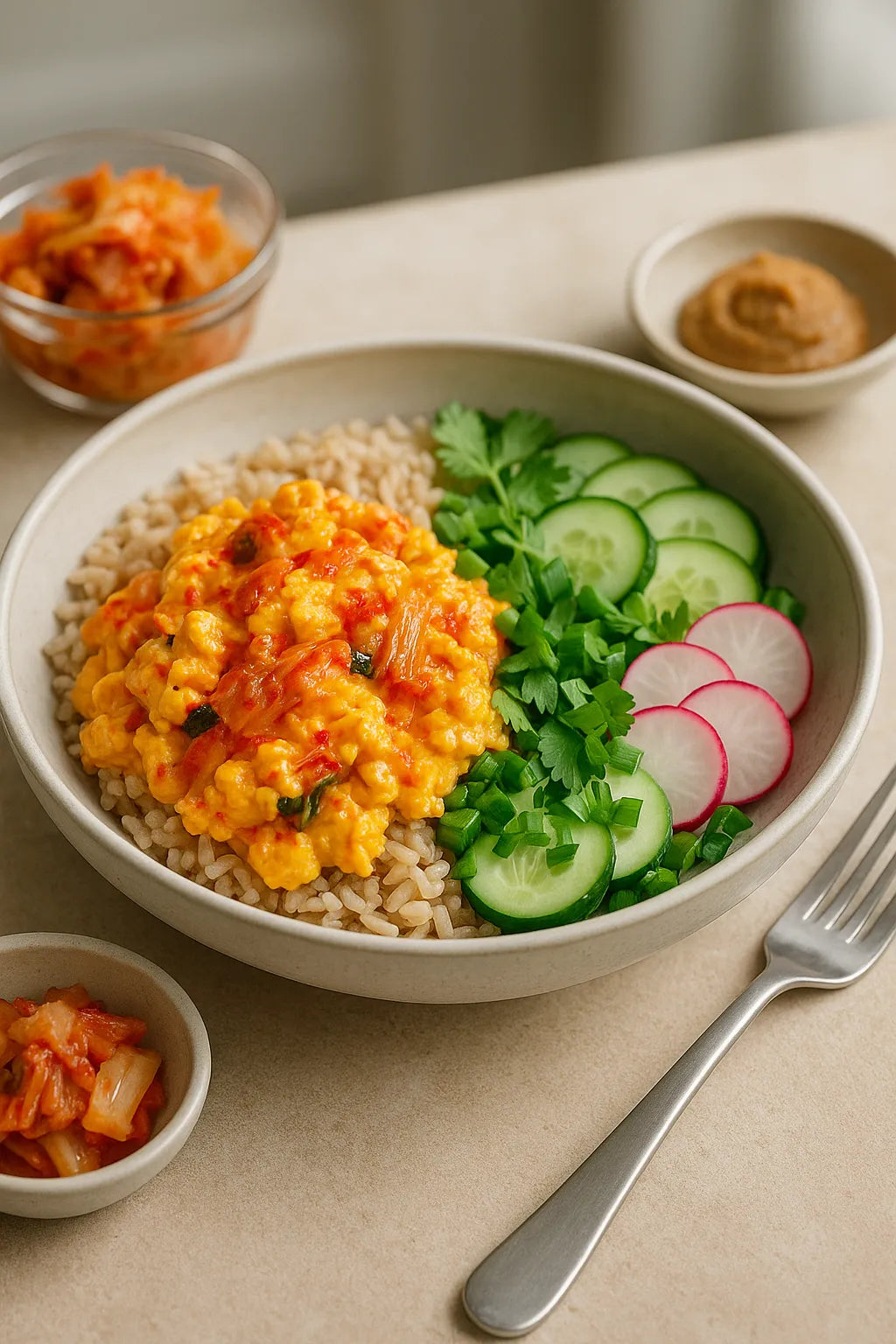 Kimchi Scrambled Eggs with Brown Rice