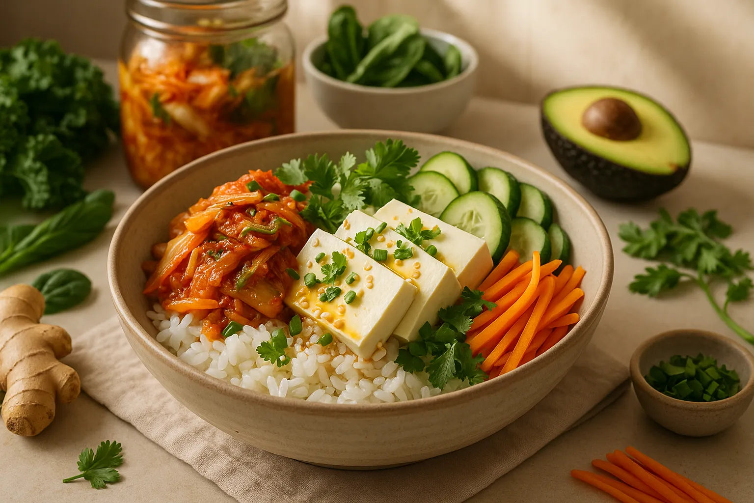 Tazón de arroz con kimchi y tofu