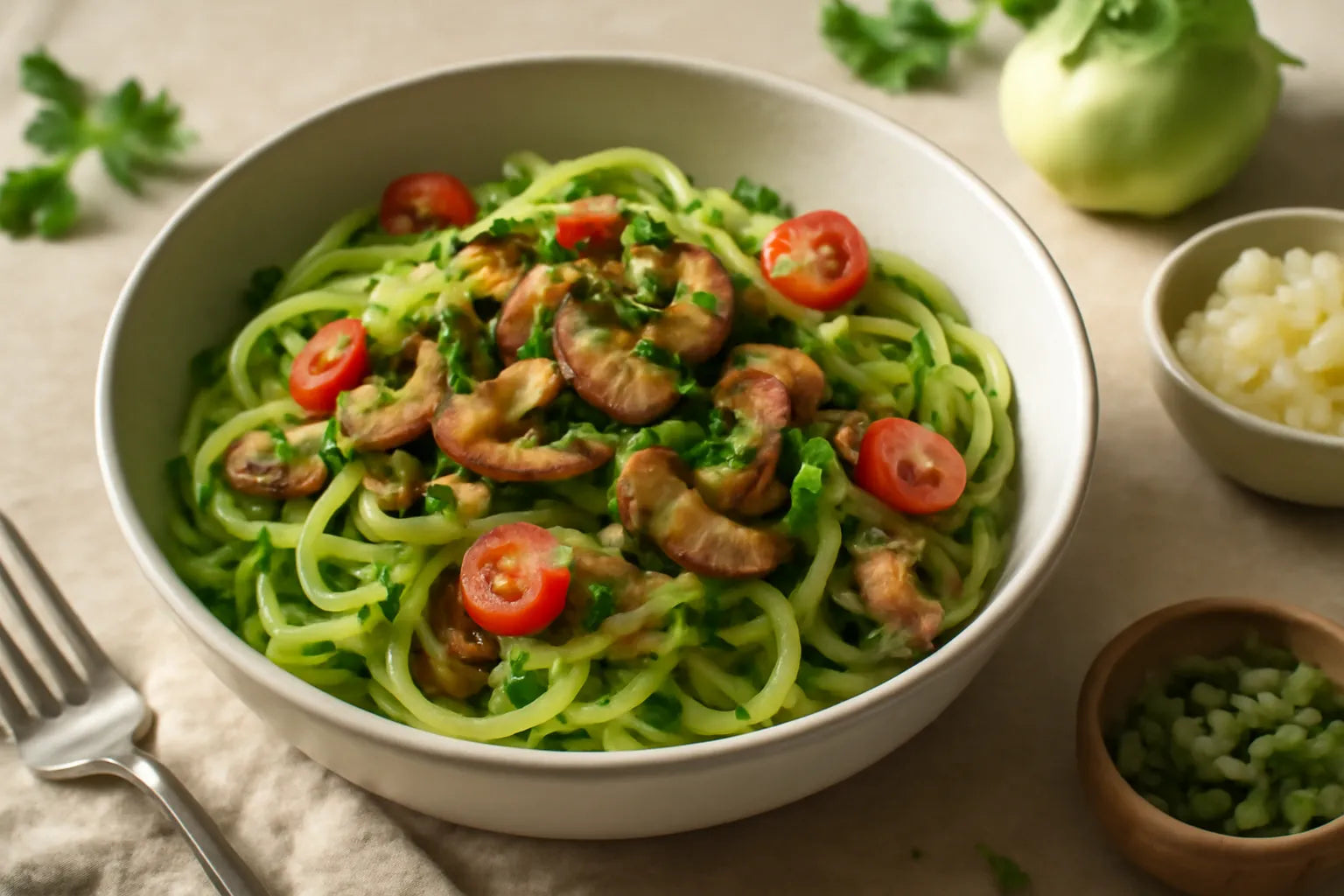 "Koolrabi-noedels met champignons"
