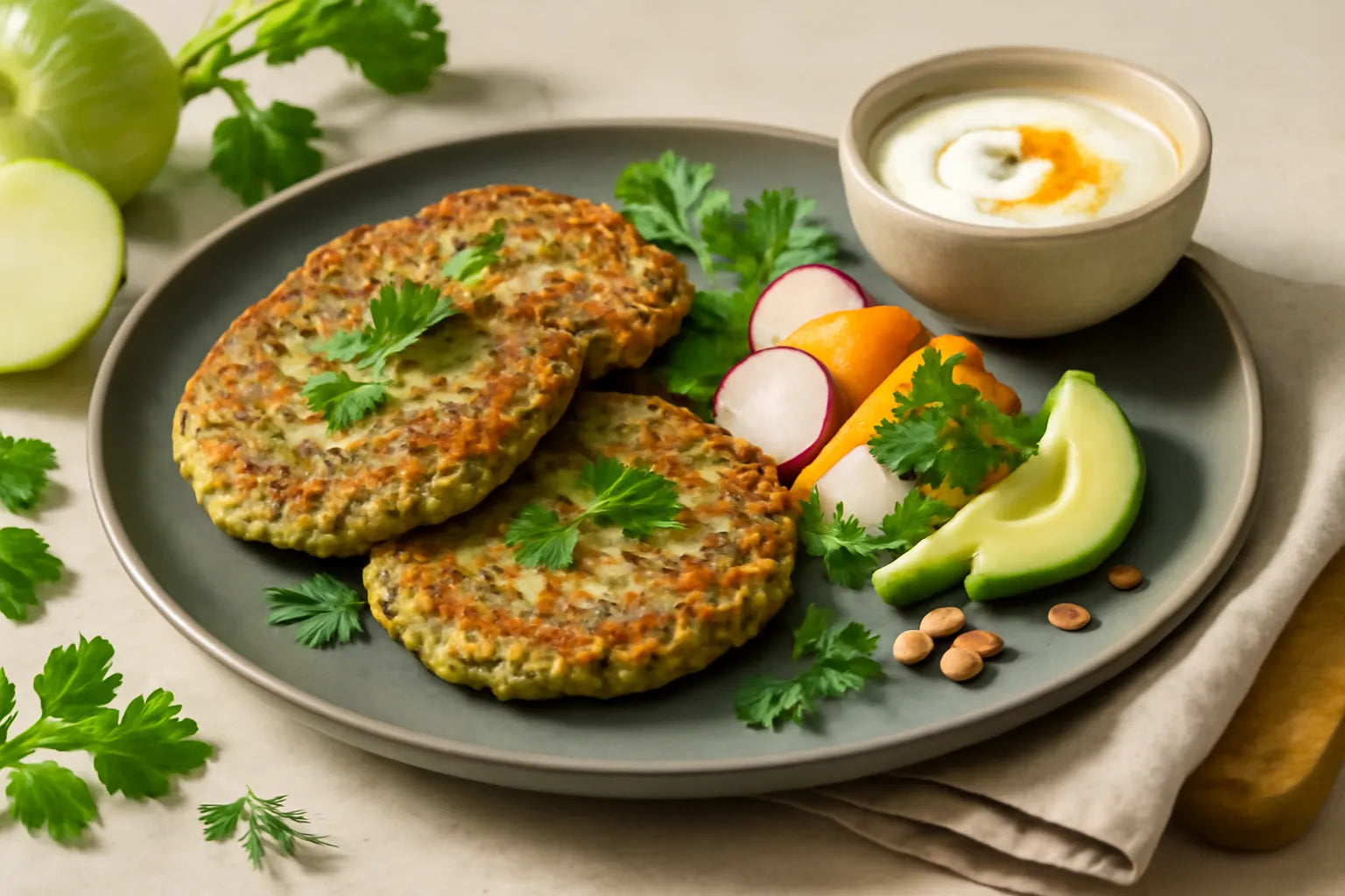 Kohlrabi pancakes with yogurt dip