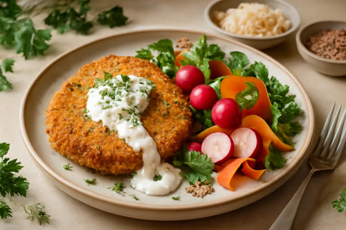 Kohlrabi schnitzel with yogurt dip