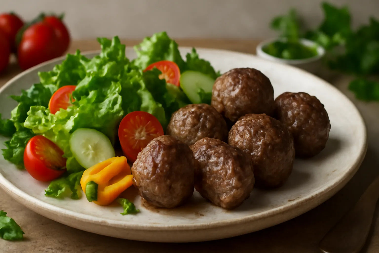 Lean beef albondigas with salad