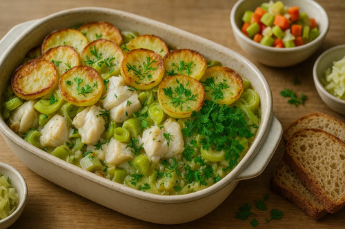 Leek potato casserole with cod